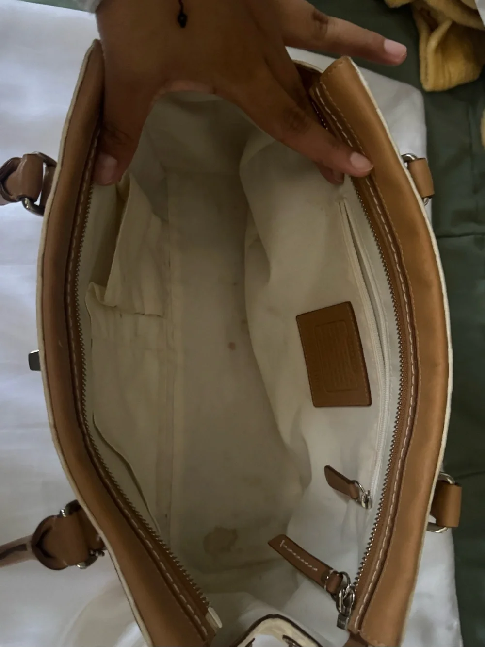 Coach Cream Shoulder Bag with Tan Leather Trim